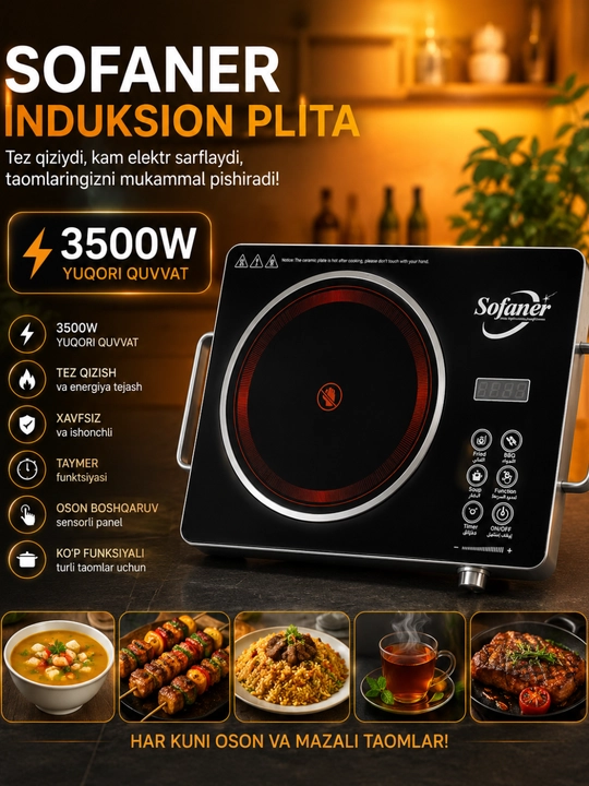 Индукционная плита Sofaner 3500W, сенсорное управление, настольная электрическая плита - 