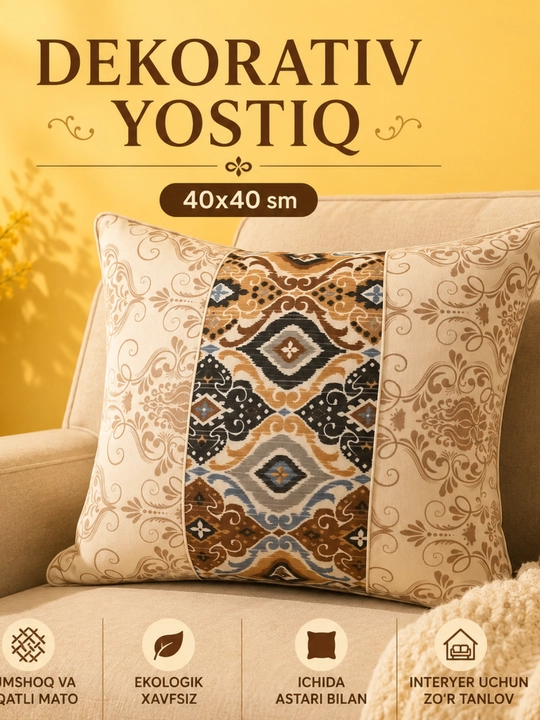 Dekorativ Yostiq 40×40 sm – Naqshli Divan Yostig‘i, Ichki Astari Bilan