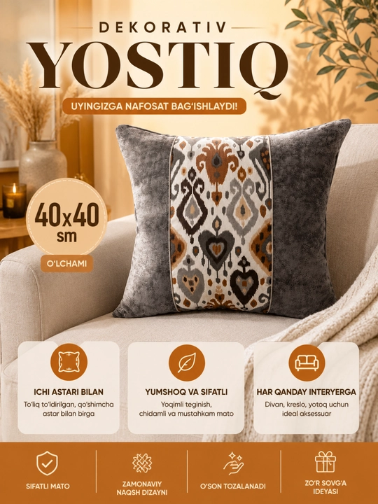 Dekorativ Yostiq 40×40 sm – Naqshli Divan Yostig‘i, Ichki Astari Bilan