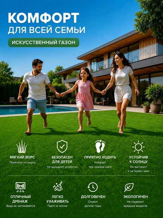 Искусственный газон для декоративного оформления, зеленое покрытие, площадь 4 м²