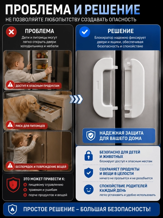 Блокиратор детский для холодильника и шкафов — защита от открывания, замок безопасности
