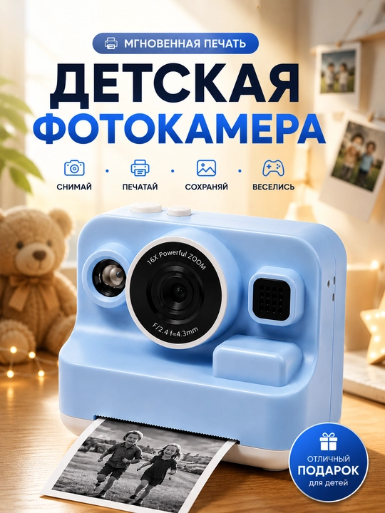 Детский фотоаппарат моментальной печати, цифровая камера с фото и видео - 