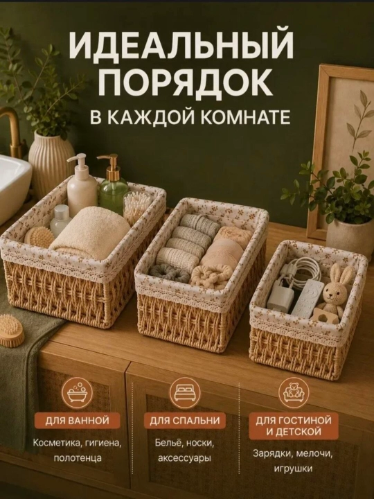 Наборы плетенных корзин для хранения