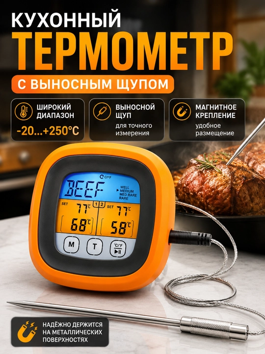 Кулинарный термометр с выносным щупом — цифровой термощуп для мяса и выпечки - 