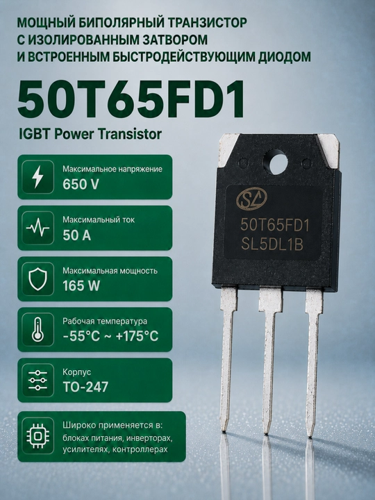 IGBT-транзистор 50T65FD1 со встроенным быстродействующим диодом, TO-247 - 