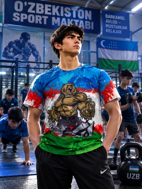 O‘zbekiston ayiq tasviri tushirilgan erkaklar sport futbolkasi - mashg‘ulotlar va fitnes uchun