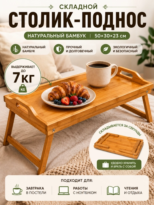 Buklanadigan bambukli nonushta va noutbuk stolchasi — universal podnos-ustun - 