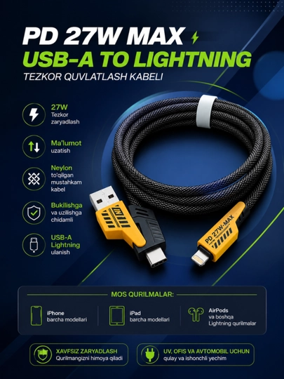 USB 4 TASI BIRDA Turbo Type-C/Lightning - USB-A/Type, tezkor quvvatlash - 