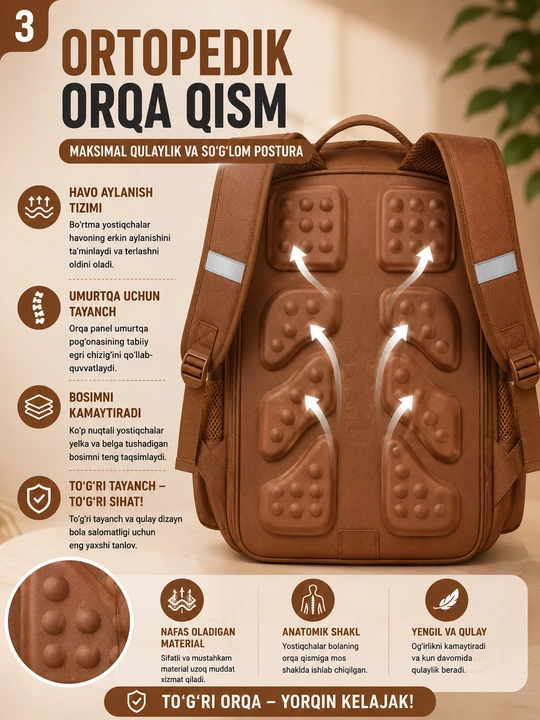 Maktab sumkasi ortopedik,maktabga sumka, 1–5 sinf uchun, qiz va o'g'il bolalar uchun sumka