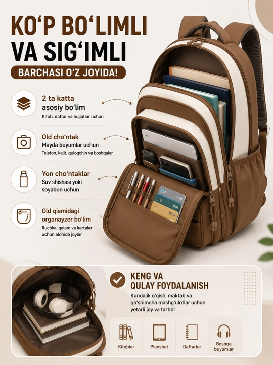 Maktab sumkasi ortopedik, 1–5 sinf uchun, qiz va o'g'il bolalar maktabga sumka