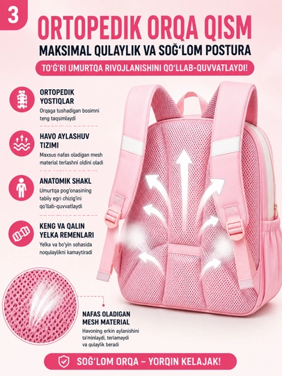 Maktab sumkasi ortopedik, 1–5 sinf uchun, qiz va o'g'il bolalar maktabga sumka