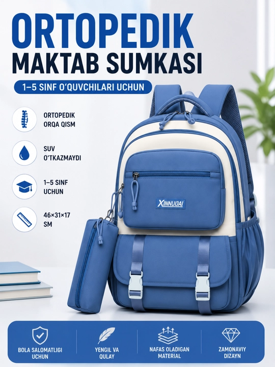 Maktab sumkasi ortopedik, 1–5 sinf uchun, qiz va o'g'il bolalar maktabga sumka - 
