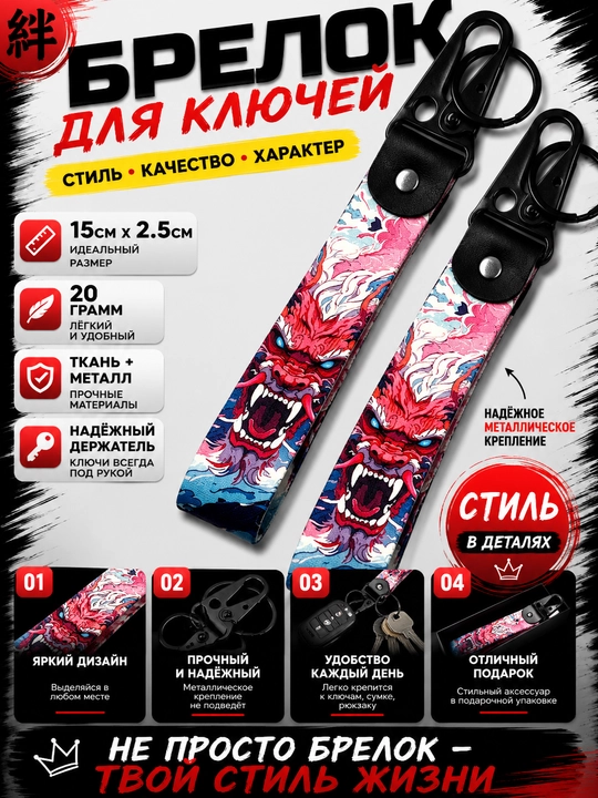 Брелок для ключей тканевый с металлическим карабином автомобильный стиль - 