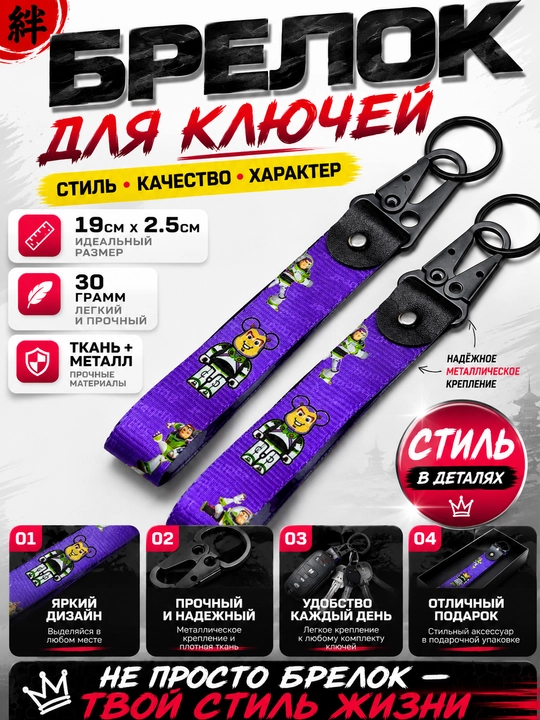 Брелок для ключей тканевый с металлическим карабином автомобильный стиль - 