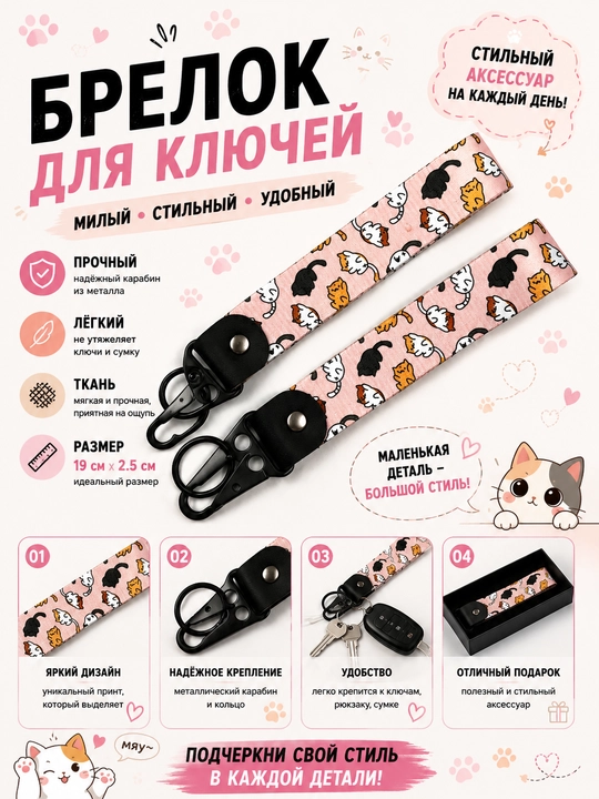 Брелок для ключей тканевый с металлическим карабином автомобильный стиль - 