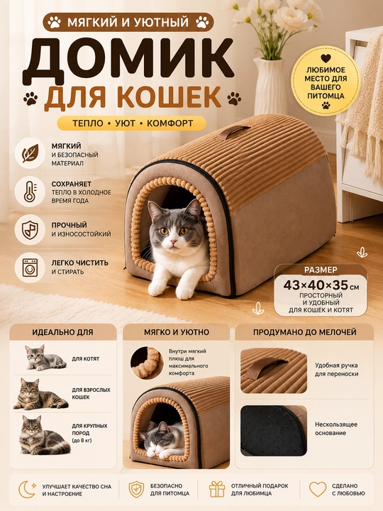 Mushuk va kichik itlar uchun yumshoq yopiq uycha, olinadigan yostiqli, M 43×43×35 sm - 