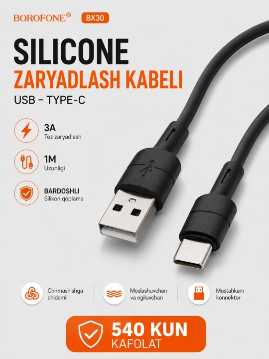 USB Type-C 3.0 kabeli, 6A, mustahkam, tez zaryadlash va ma’lumot uzatish uchun - 