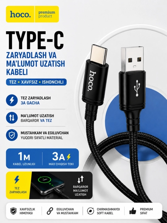 USB Type-C 3.0 kabeli, 6A, mustahkam, tez zaryadlash va ma’lumot uzatish uchun - 