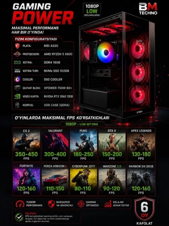 O'yin kompyuteri AMD Ryzen 5 5600, RTX 3060 12GB, DDR4 16GB, NVMe 512GB - 