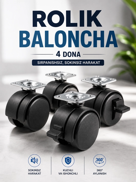 Kreslo uchun 360° aylanuvchi rolik g'ildiraklar, tormozli mebel g'ildiragi, 4 dona to'plam - 