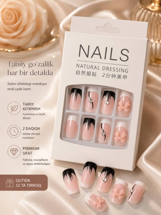Qo‘shimcha tirnoqlar, 12 dona+ 24 dona, yelim stikeri - 3D bant va straslar bilan Premium Press-on