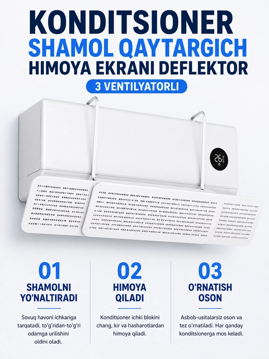 Konditsioner shamol qaytargich himoya ekrani deflektor 3 ventilyatorli universal - 