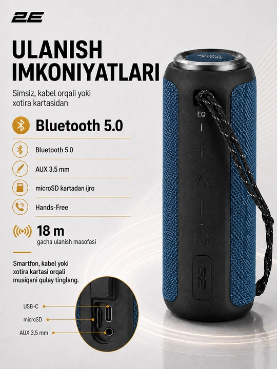 Simsiz portativ kolonka 2E SoundXTube TWS, 30 Vt, Bluetooth