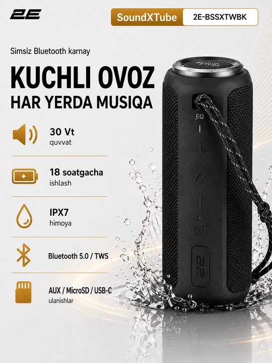 Simsiz portativ kolonka 2E SoundXTube TWS, 30 Vt, Bluetooth - 