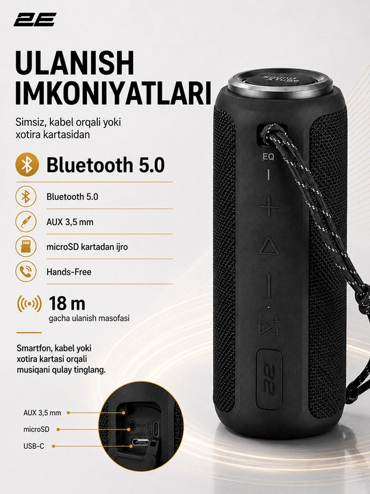 Simsiz portativ kolonka 2E SoundXTube TWS, 30 Vt, Bluetooth