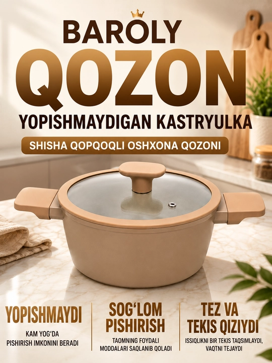 Qozon BAROLY 20 sm shisha qopqoqli yopishmaydigan kastryulka oshxona qozoni - 