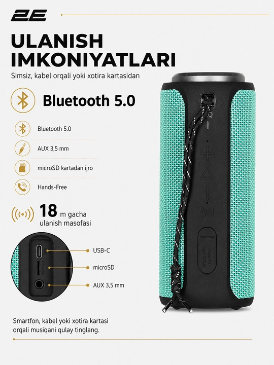 Simsiz portativ kolonka 2E SoundXTube TWS, 30 Vt, Bluetooth