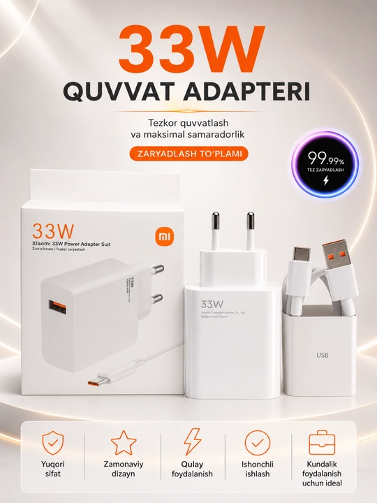 USB-C kabeli va adapteri bilan 33W / 67W / 120W tez quvvatlash qurilmasi - 