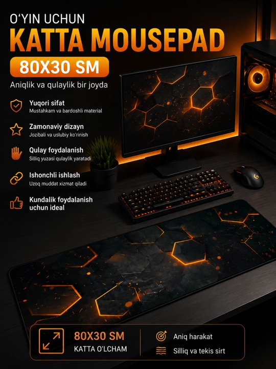Katta Gaming Mousepad – Sirpanmaydigan, Tezkor Harakat va Yuqori Aniqlik uchun Gilamcha - 