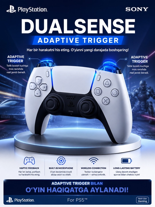 PlayStation DualSense 5 — Adaptive Trigger bilan haqiqiy o‘yin hissini his qiling - 