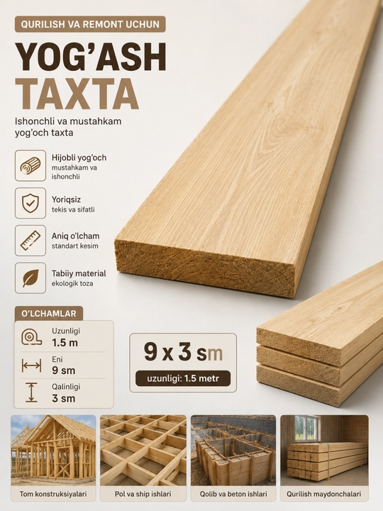 Yog‘och taxta 30×90×1500 mm, tabiiy qurilish taxtasi, 1,5 metr, pol va tom ishlari uchun - 