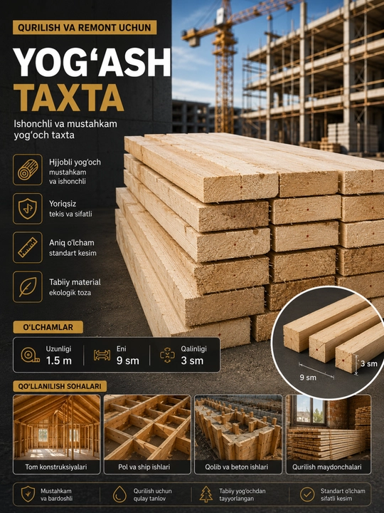 Yog‘och taxta 30×90×1500 mm, tabiiy qurilish taxtasi, 1,5 metr, pol va tom ishlari uchun