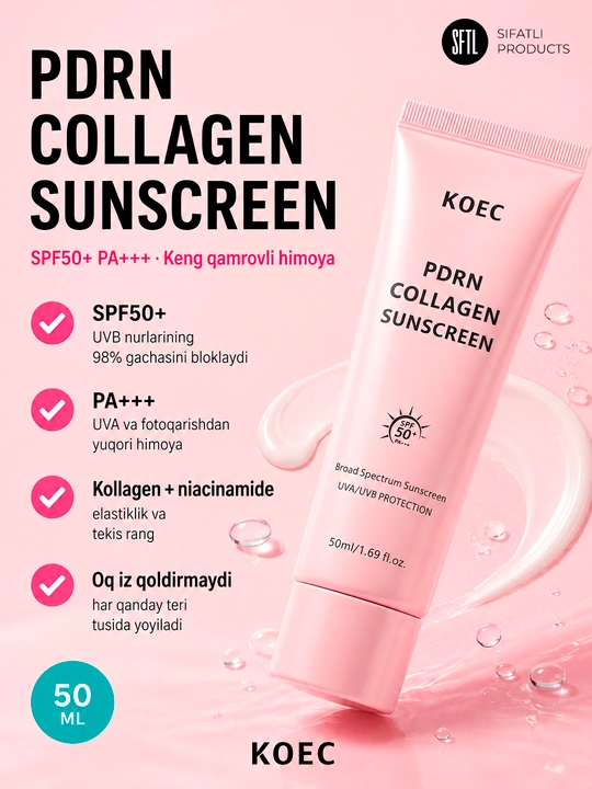 Quyoshdan himoyalovchi KOEC PDRN Collagen Sunscreen SPF50+ PA+++, 50 ml