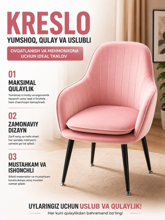 Kreslo zamonaviy yumshoq ovqatlanish va mehmonxona kreslosi, oq krem rang - 