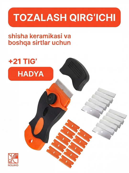 Shisha va keramika uchun qirgʻich, 21 dona pichoq bilan, oyna, akvarium, plita tozalash - 