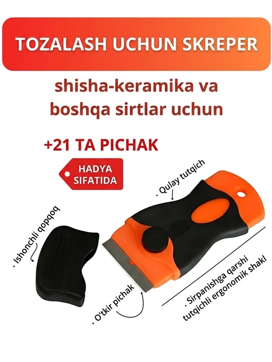 Shisha va keramika uchun qirgʻich, 21 dona pichoq bilan, oyna, akvarium, plita tozalash