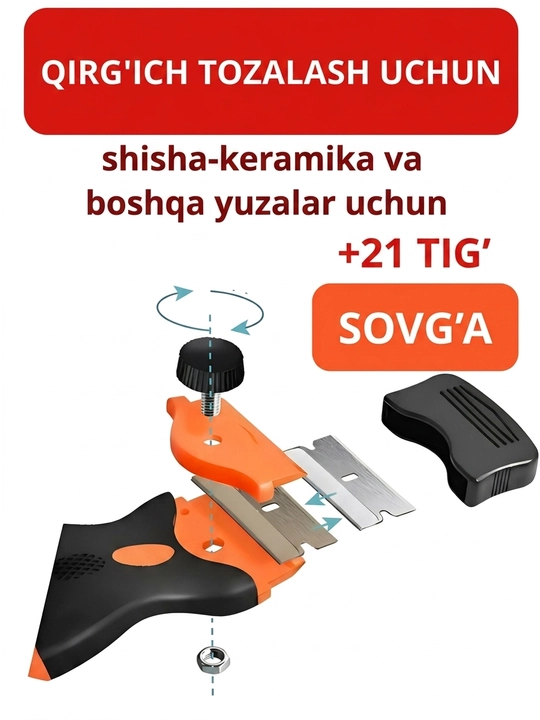 Shisha va keramika uchun qirgʻich, 21 dona pichoq bilan, oyna, akvarium, plita tozalash