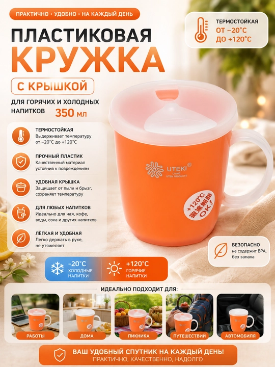 Issiq va sovuq ichimliklar uchun qopqoqli, issiqqa chidamli plastik krujka, 350 ml - 