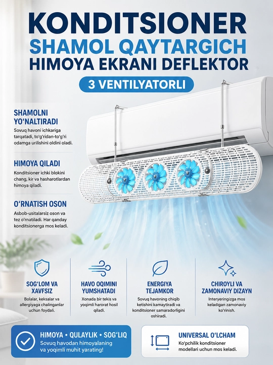 Konditsioner shamol qaytargich, 3 parrakli havo yo‘naltirgich paneli - 