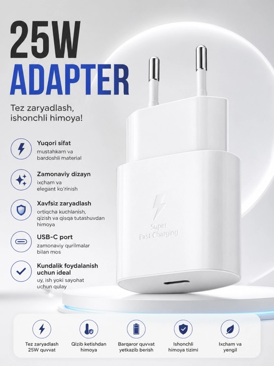 25W tarmoq adapteri USB-C Tez quvvatlash Intellektual himoya Universal - 