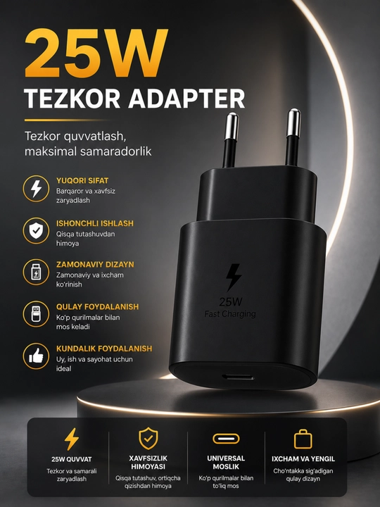 25W tarmoq adapteri USB-C Tez quvvatlash Intellektual himoya Universal - 