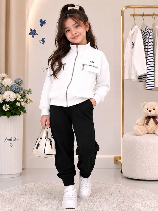 Qizlar sport kostyumi, sportivka, 7-11 yosh, monjetli shim, bej, oq, qora, ko‘k - 