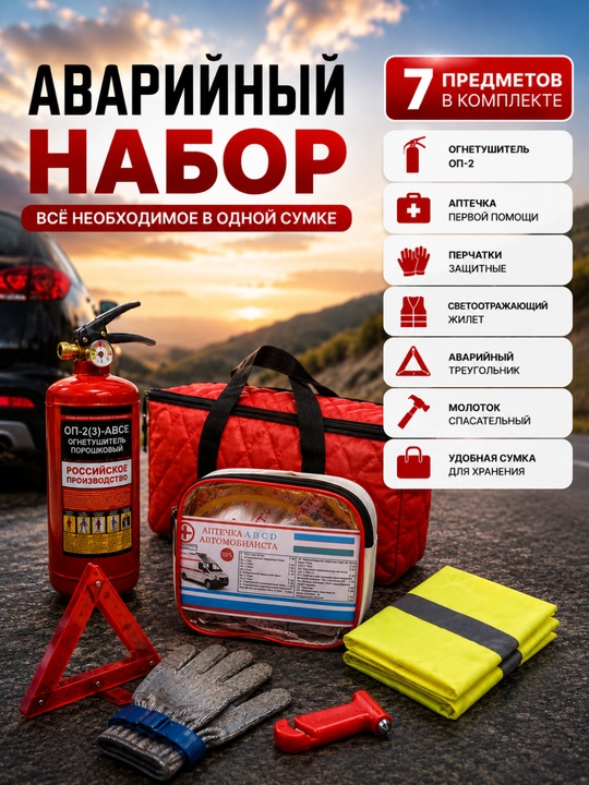 Аварийный набор для автомобиля 7 предметов: аптечка,огнетушитель ОП-2 кг, знак,молоток