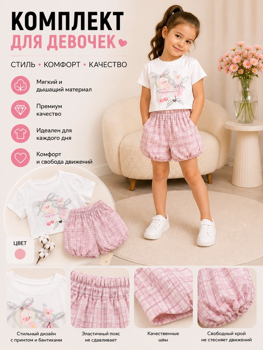 Комплект для девочек (футболка + шорты) - 