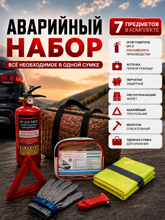 Avtomobil favqulodda vaziyatlar uchun to'plam: aptechka 7 ta buyum),OP-2 kg ogneyushitel - 