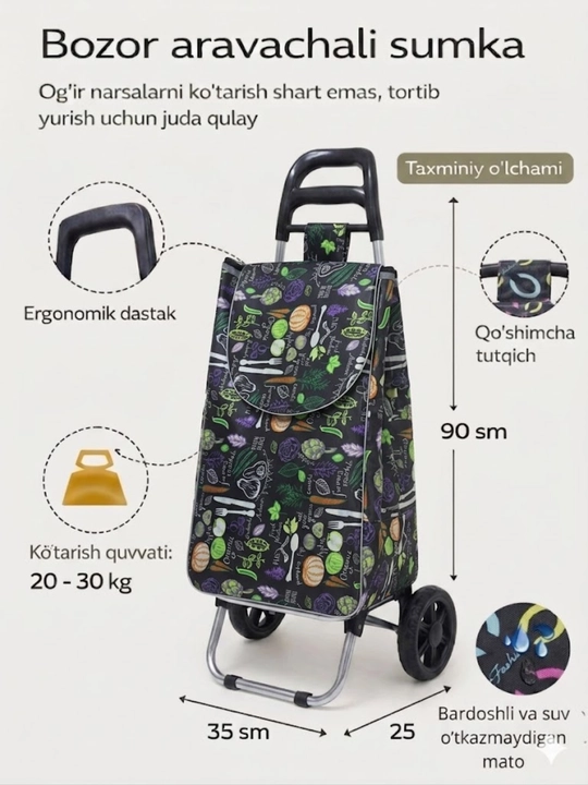 Arava sumka, shopper sumka, g'ildirakli sumka, bozor sumkasi, katta sumka, yuk sumka - 